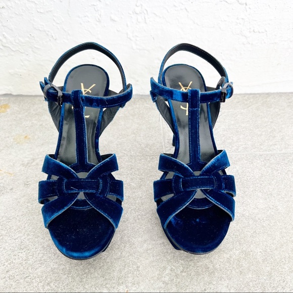 YSL Yves Saint Laurent Tribute 75 Heel Sandal in Bluette Blue Velvet 35.5 - Picture 6 of 10